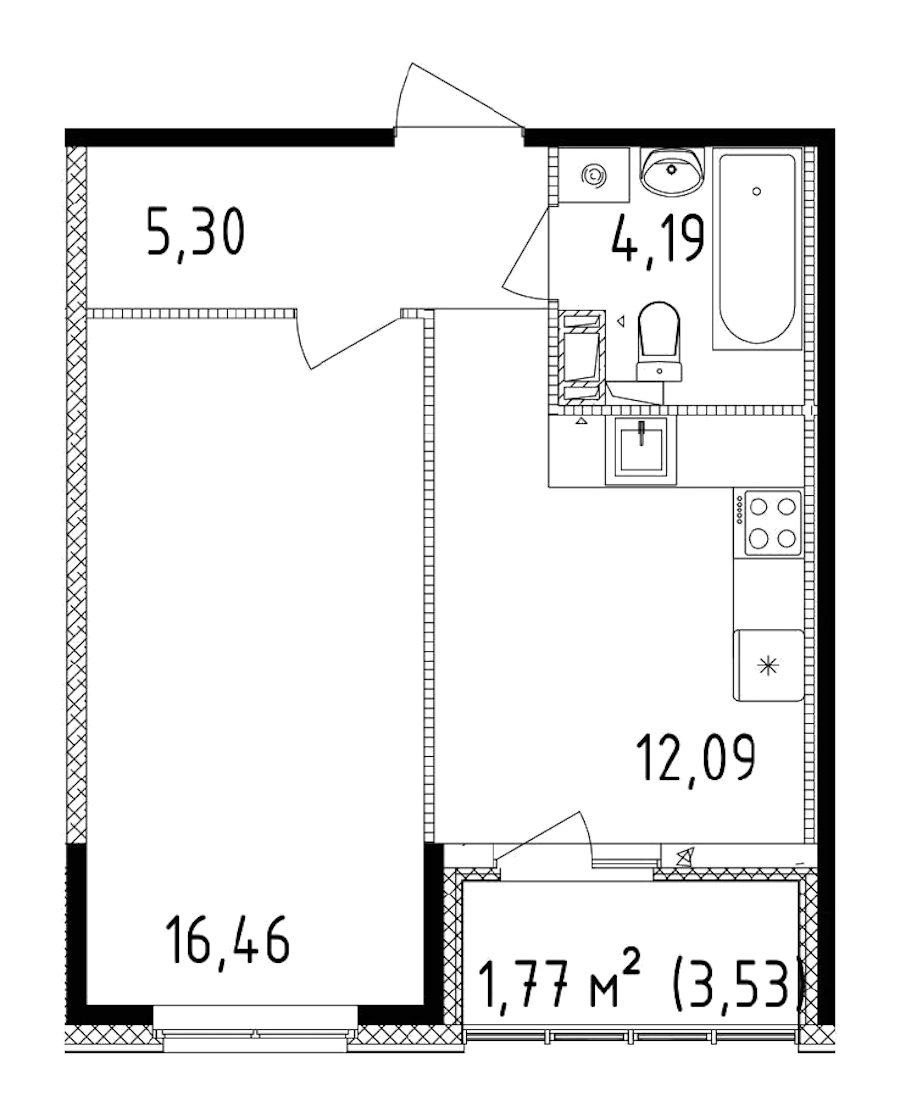 1-комнатная квартира 38.04 м², 13/14 эт., ЖК «Чёрная речка»
